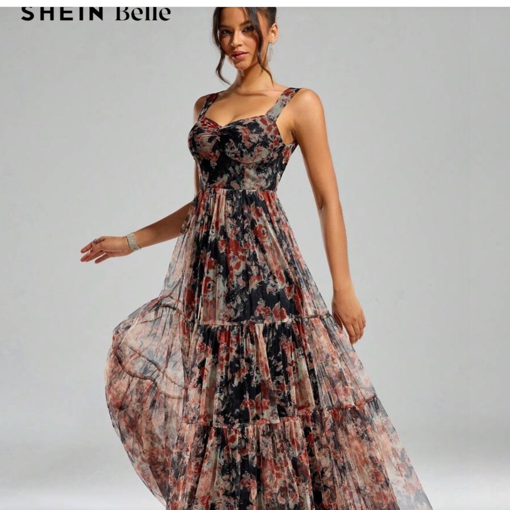 SHEIN Belle Floral Print Mesh Layer Size Small